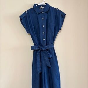 Sleeveless Denim Look Wide Leg Pantsuit with Waist Tie.